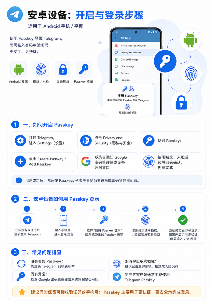 Telegram Passkey 登录教程:安卓与 iPhone 开启方法详解